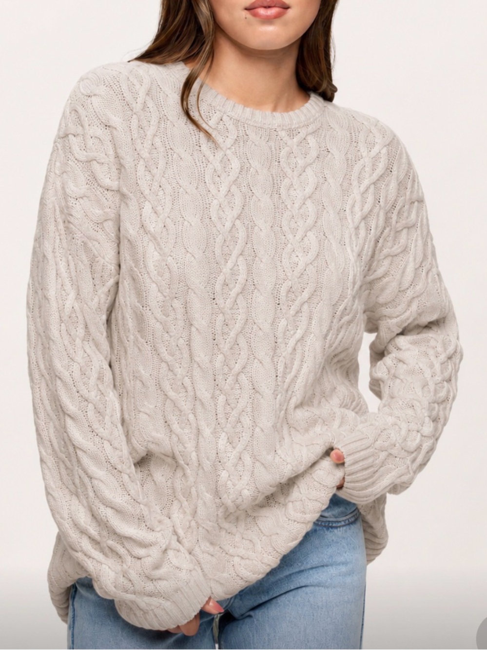 nuuds light weight Chunky Cable Knit Crewneck Sweater Cream XXXL